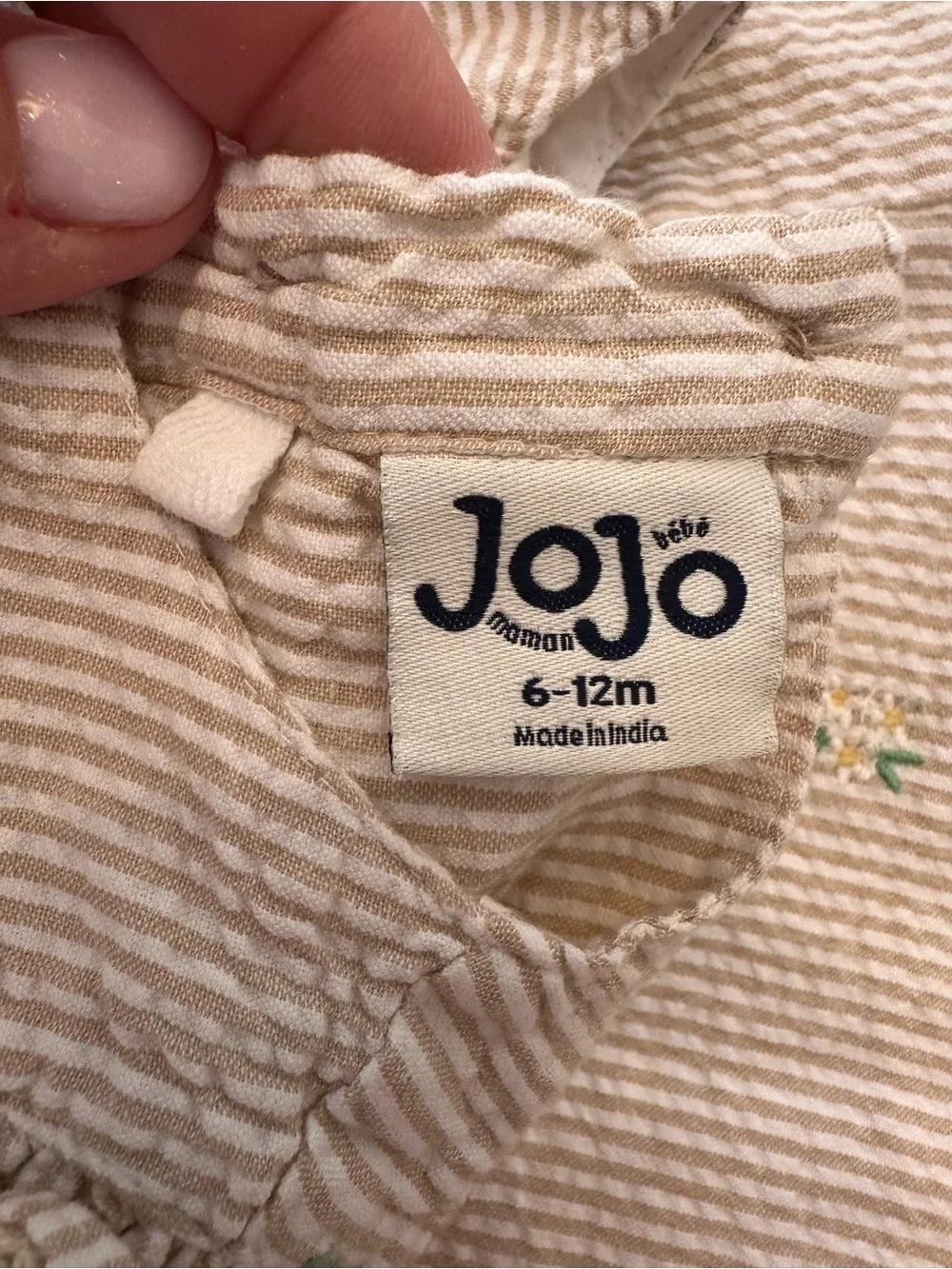 JoJo Maman Bebe Cream and Green Embroidered Seersucker One-Piece